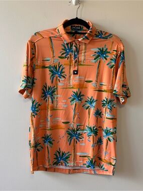 Bad Birdie Men’s Size Small Coral Orange Palm Print Polo Golf Shirt Casual Beach